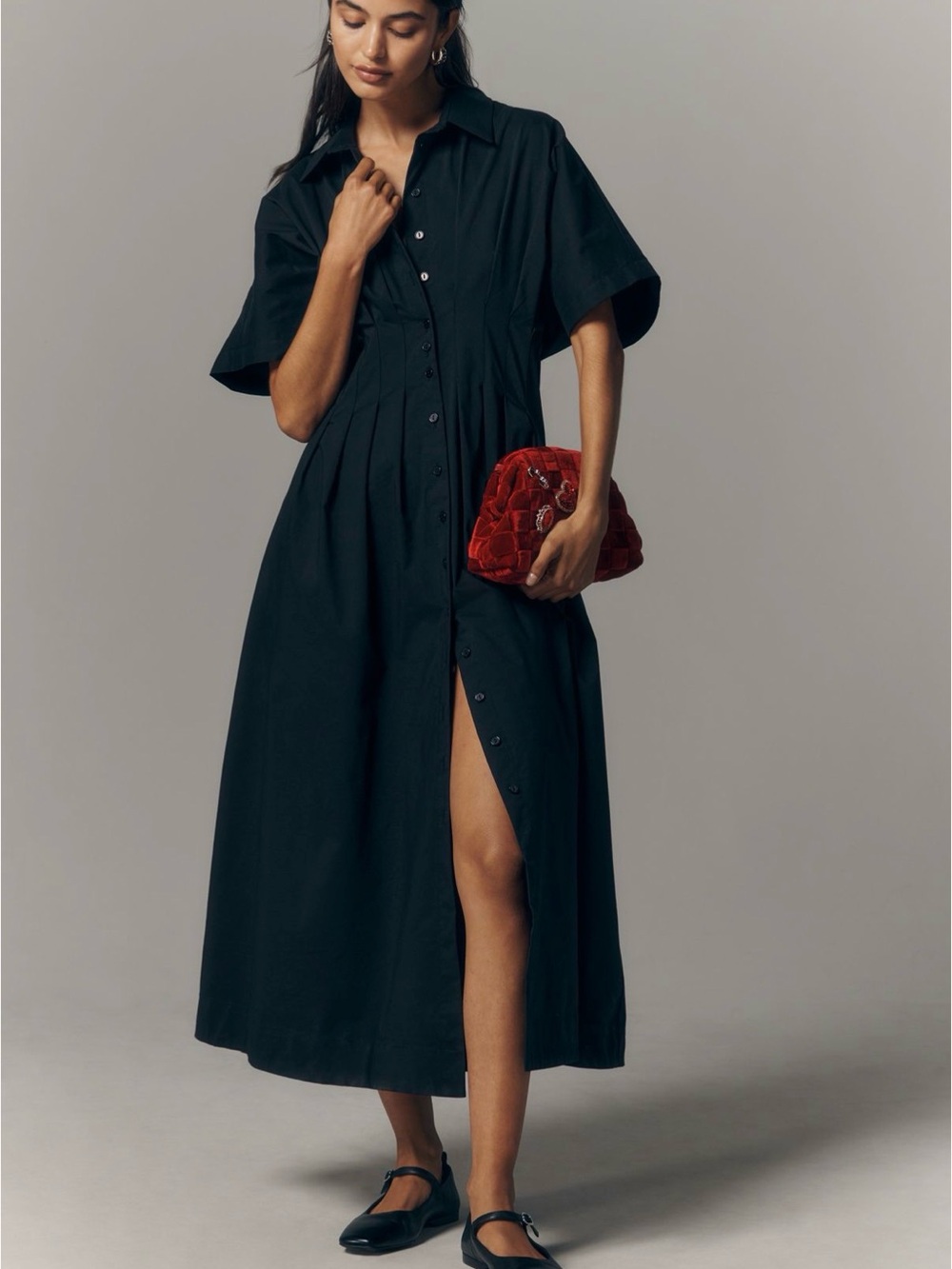 Anthropologie Tobie Black Button-Front Shirt Dress with Short Sleeves
